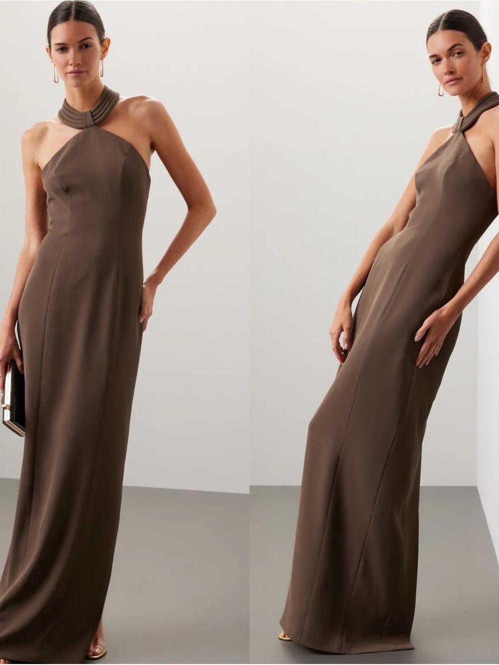 Ronny Kobo Lenox Toffee Brown Halter Crepe Dress Gown Size M
